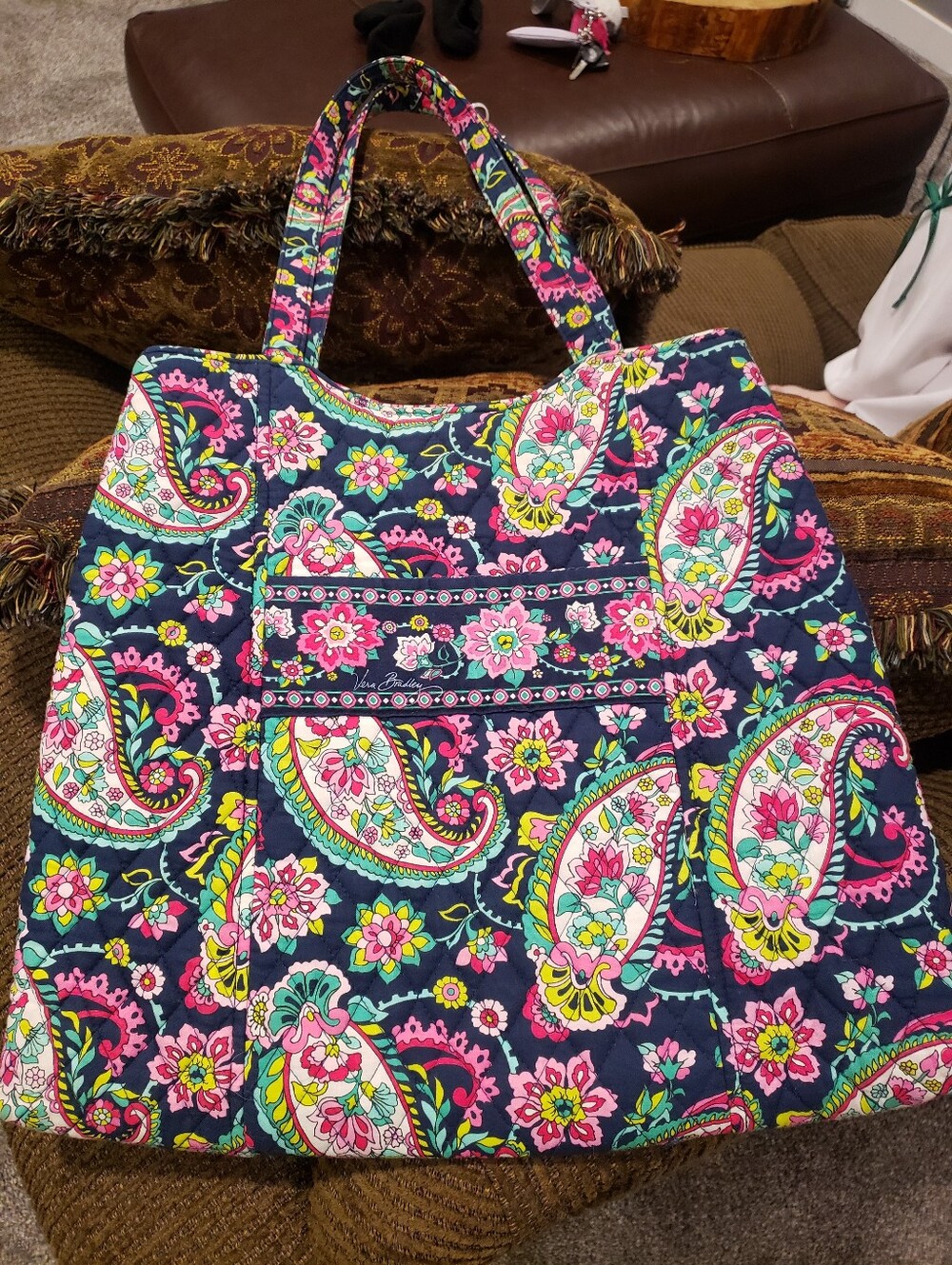 Vera Bradley Navy Quilted Tote with Pink, Green & Yellow Paisley Floral Print